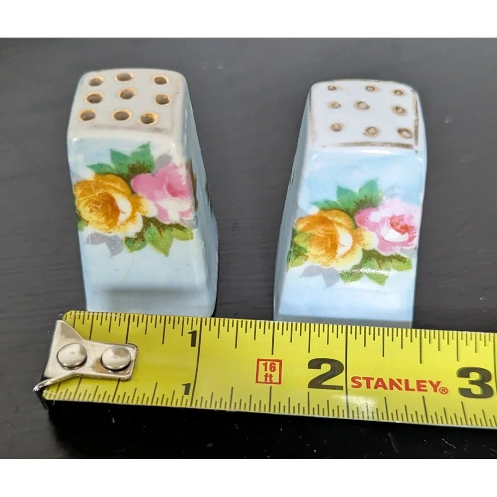 VTG Hand Painted Petite Salt & Pepper Shaker Set Blue With Pink &Yellow Roses